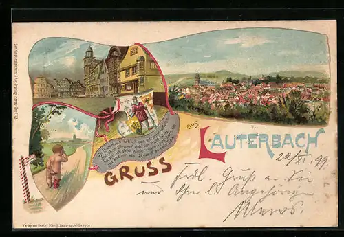 Lithographie Lauterbach, Ortsansicht, In Lauterbach hab ich mein Strumpf verloren...