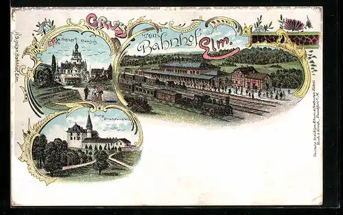 Lithographie Elm, Bahnhof, Schloss Ramholz, Burg Brandenstein