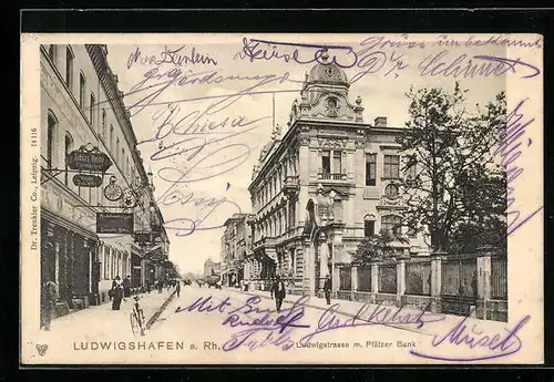 AK Ludwigshafen a. Rh., Ludwigstrasse m. Pfälzer Bank