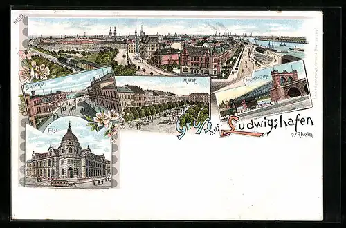 Lithographie Ludwigshafen a. Rh., Ortsansicht, Bahnhof, Markt, Rheinbrücke, Post