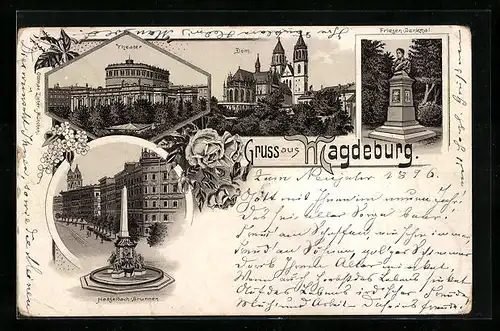 Vorläufer-Lithographie Magdeburg, 1895, Theater, Dom, Friesen-Denkmal