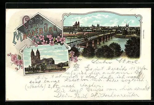 Lithographie Magdeburg, Ortsansicht mit Fluss und Brücke, Dom