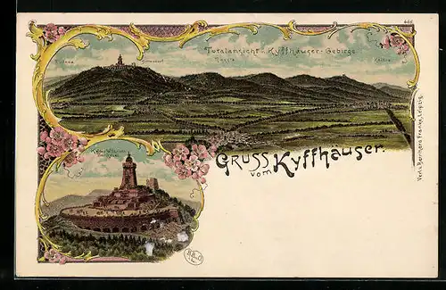 Lithographie Kyffhäuser, Totalansicht mit Gebirge, Kaiser-Wilhelm-Denkmal