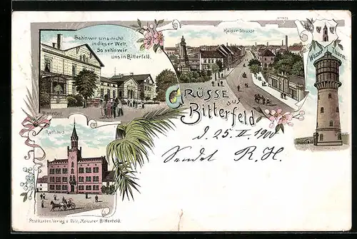 Lithographie Bitterfeld, Kaiser-Strasse, Wasserthurm, Rathaus, Bahnhof