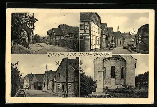 AK Eitzum /Krs. Wolfenbüttel, Strassenpartie, Denkmal mit Kirche