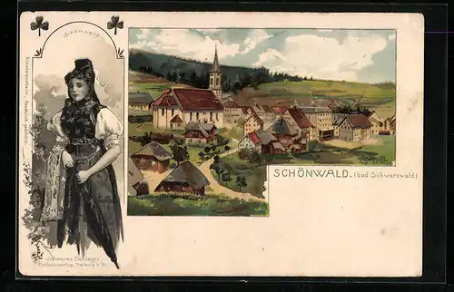 AK Schönwald /Bad. Schwarzwald, Ortsansicht, Frau in Tracht