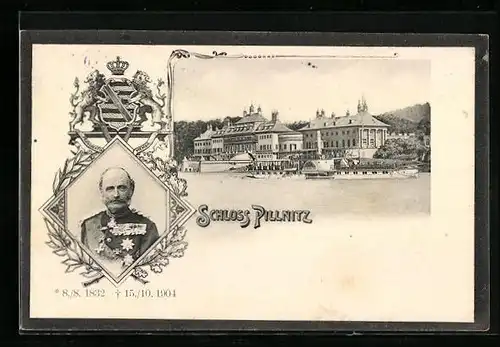 AK Dresden-Pillnitz, Schloss Pillnitz, Ansicht mit Dampfer, Portrait König Georg