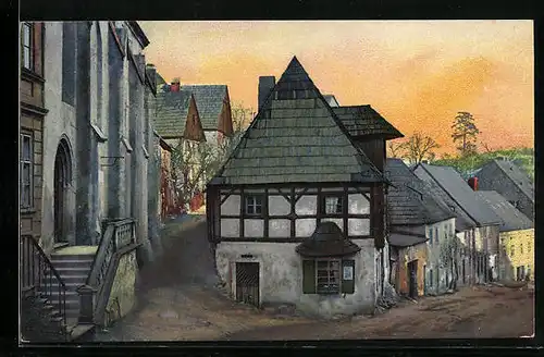 Künstler-AK Photochromie Nr. 3441: Graupen /Erzgebirge, Strassenpartie mit Wohnhäusern