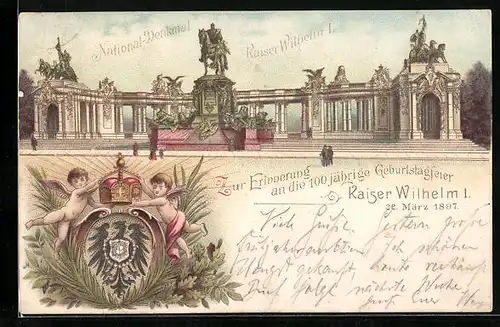 Lithographie Berlin, National-Denkmal Kaiser-Wilhelm I., 100jährige Geburtstagsfeier des Kaisers 22. März 1897