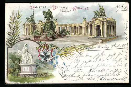 Lithographie Berlin, National-Denkmal Kaiser Wilhelm I., Kaiserin Auguste Denkmal