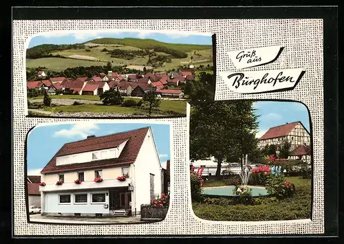 AK Burghofen, Gesamtansicht, Gasthof zur Post, Partie im Park