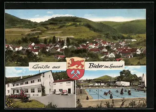 AK Bieber /Spessart, Gesamtansicht, Freibad, Wappen