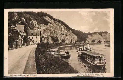 AK Steinmühle a.d. Weser, Der Dampfer kommt, Uferstrasse