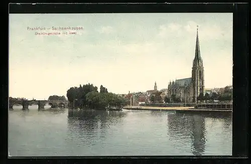 AK Frankfurt-Sachsenhausen, Dreikönigskirche mit Insel