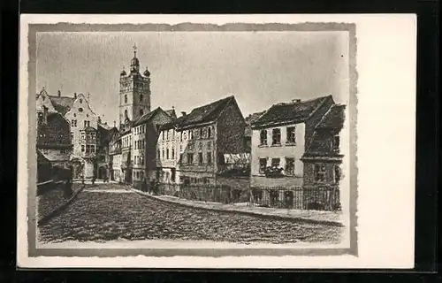 AK Darmstadt, Häusergruppe in der Pädagogstrasse mit Stadtkirche