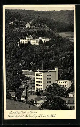 AK Bad Schwalbach /Taunus, Ortsansicht mit staatl. Kurhotel, Paulinenberg, Villa Opel u. Platte