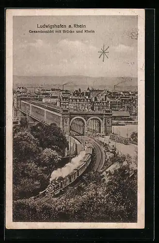 AK Ludwigshafen a. Rhein, Gesamtansicht mit Brücke und Fluss, Eisenbahn, Strassenbahn