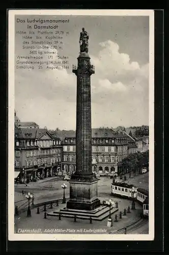 AK Darmstadt, Platz mit Ludwigssäule, Strassenbahn