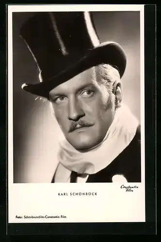 AK Schauspieler Karl Schönböck mit Zylinderhut und Halstuch