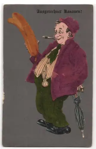 Filz-AK Ausgerechnet Bananen, Herr mit Riesenbanane aus Filz