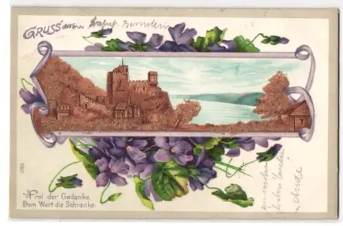 Kork-AK Burgruine mit Fluss, Veilchen