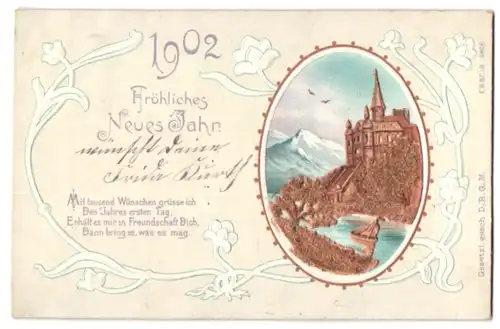 Kork-AK Fröhliches Neujahr 1902, Burg an einem Fluss