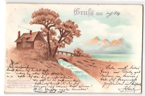 Kork-AK Einsames Haus an einem Bach