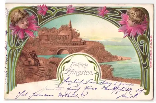 Kork-AK Pfingstgruss, Idyllischer Ort am Meer, Blütenkinder