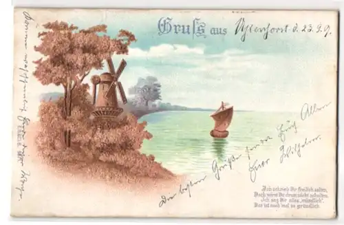 Kork-AK Windmühle am Ufer, Segelboot