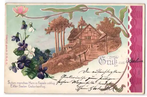Kork-AK Berghaus an einem Hang, Veilchen