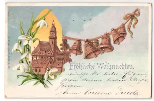 Kork-AK Fröhliche Weihnachten, Kirche, Glocken und Schneeglöckchen