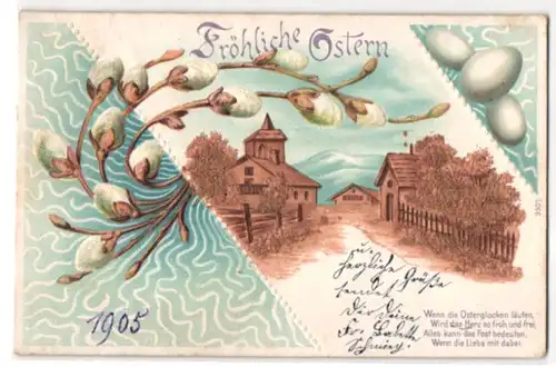 Kork-AK Dorfpartie mit Weidenkätzchen, Ostergruss