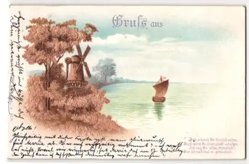 Kork-AK Windmühle am Ufer mit Segelboot