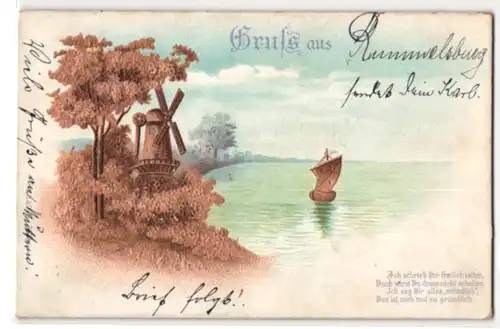 Kork-AK Windmühle am Ufer mit Segelboot