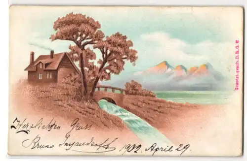 Kork-AK Einsames Haus an einem Bach, Berge in der Ferne