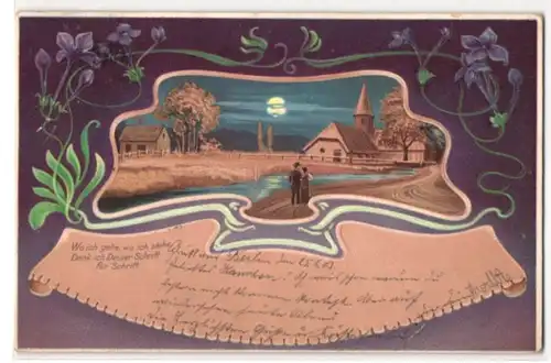 Lithographie Fröhliches Neues Jahr, Jahreszahl 1903 und Vollmondidyll