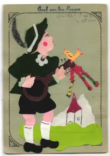 AK Knabe in Tracht aus echtem Stoff mit Laute