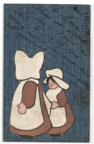 AK Zwei Mädchen in französischer Tracht aus echtem Stoff