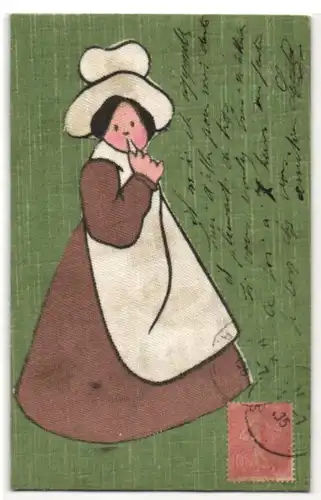 AK Frau in französischer Tracht aus echtem Stoff