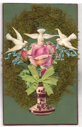 Trockenblumen-AK Weisse Tauben und Kranz aus Moos um eine rosa Rose