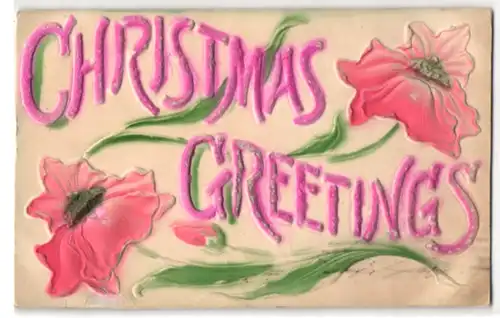 Präge-Airbrush-AK Christmas Greetings, Weihnachtsgrüsse mit roten Blumen