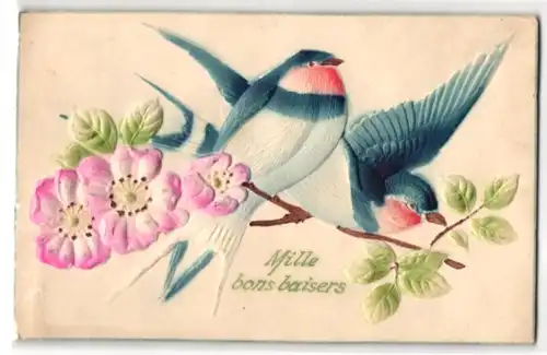 Präge-Airbrush-AK Schwalbenpaar auf blühendem Zweig