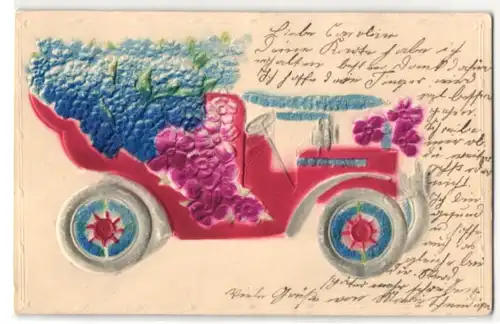 Präge-Airbrush-AK Mit Blumen beladenes Automobil