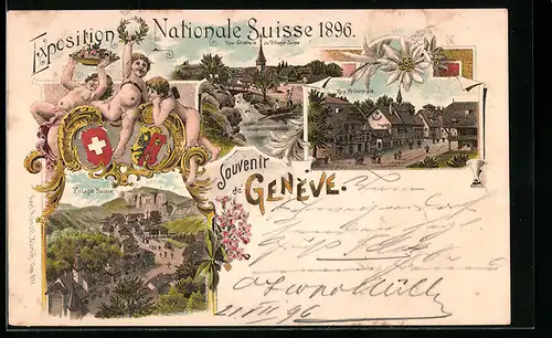 Lithographie Geneve, Exposition Nationale Suisse 1896, Vue générale du Village Suisse, Rue Principale, Ausstellung