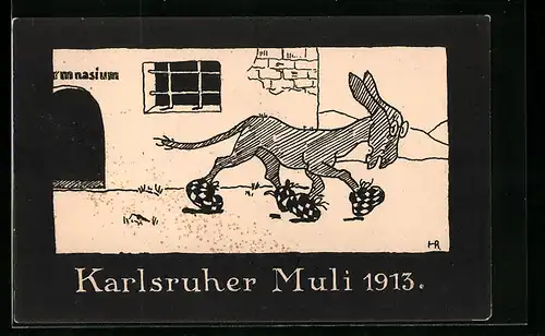 AK Karlsruhe, Karlsruher Muli 1913 vor dem Gymnasium