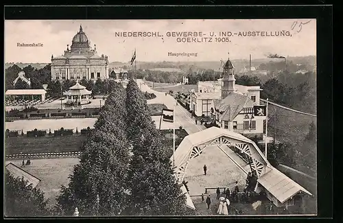 AK Görlitz, Niederschlesische Gewerbe- und Industrie-Ausstellung 1905, Haupteingang und Ruhmeshalle