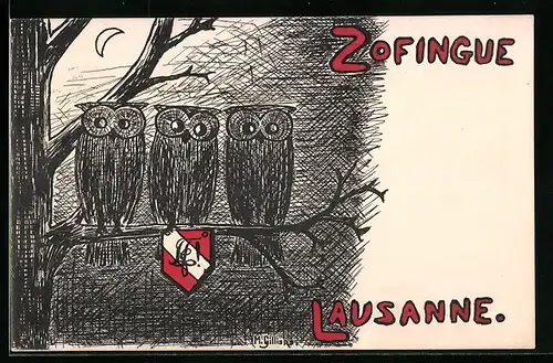 AK Lausanne, Eulen auf einem Ast, Wappen