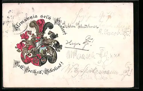 Lithographie Alemannia sei`s Panier!, Gott, Freihein, Vaterland, Studentenwappen