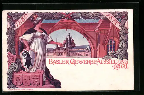 Lithographie Basel, Basler Gewerbe-Ausstellung 1901, Haupthalle, Helvetia mit Wappenschild