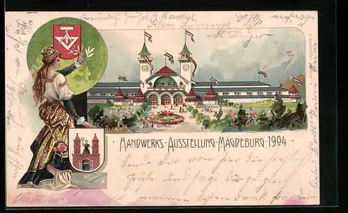 Lithographie Magdeburg, Handwerks-Ausstellung 1904, Ausstellungshalle, Germania mit Ölzweig, Wappen